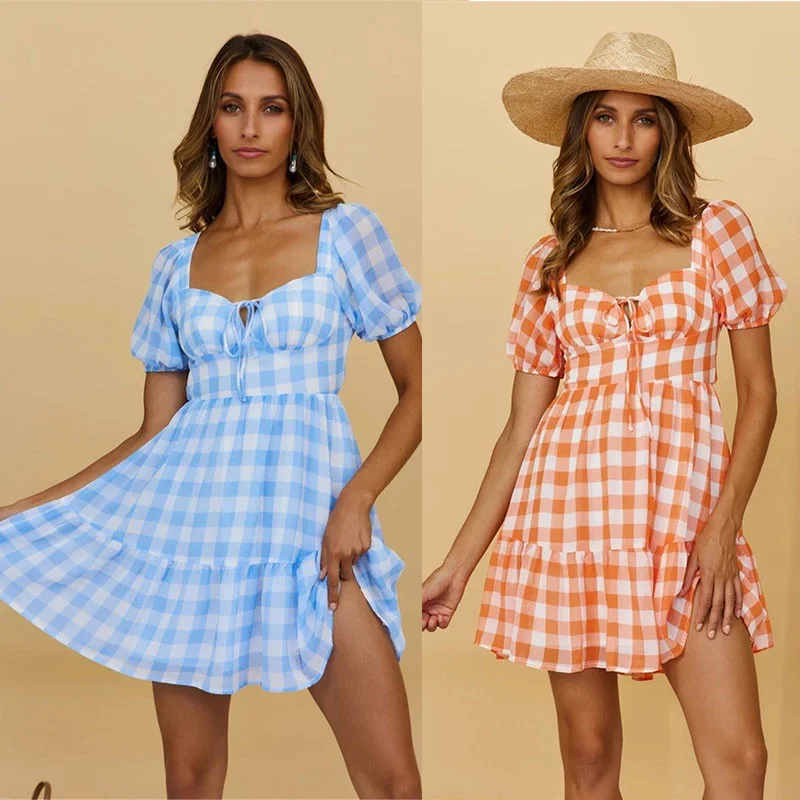 

Foridol Lace Up Backless Gingham Chiffon Summer Dress Vintage A-line Puff Sleeve Plaid Short Dress Chic Blue Holiday Dress 2022