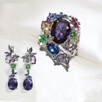 baoshina luxury purple flower zircon butterfly wedding jewelry set for women grils earrings ring accessories female jewelry
