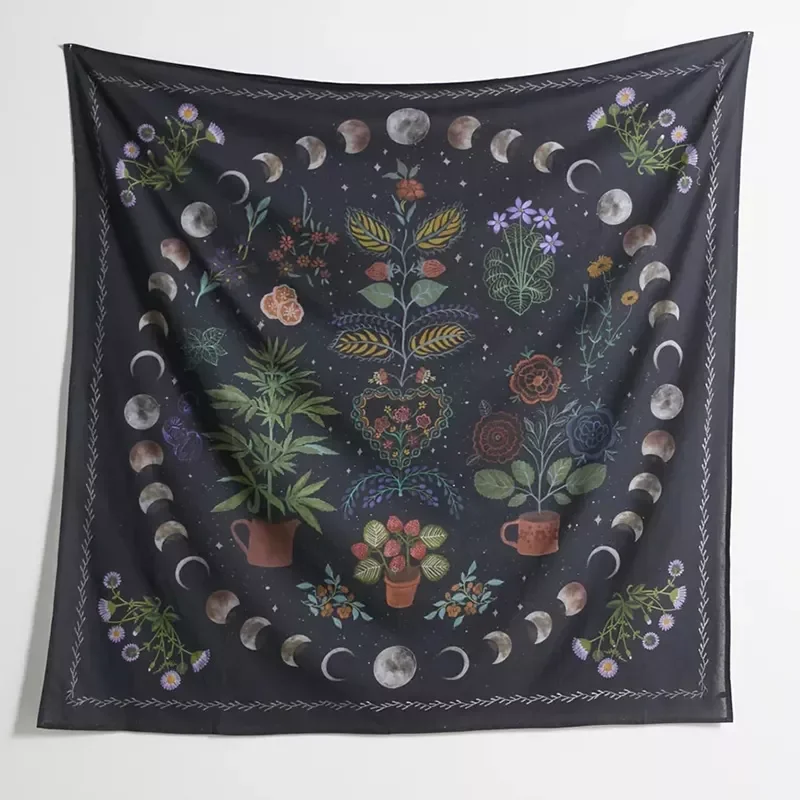 

New Moon Phase Tapestry Wall Hanging Botanical Celestial Floral Wall Tapestry Hippie Flower Wall Carpets Dorm Decor Starry SkyCa