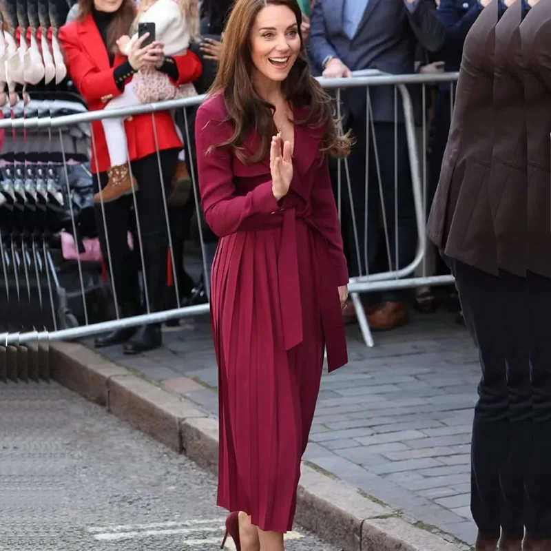 

Однотонное красное платье принцессы Kate с отложным воротником, с длинным рукавом, платья OL с поясом, новая мода, 8303