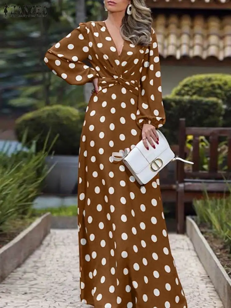 

Women French Elegant V Neck Vestidos 2022 Fashion Bohemian Puff Sleeve Kaftan Holiday Polka Dot Dresses ZANZEA Party Maxi Dress