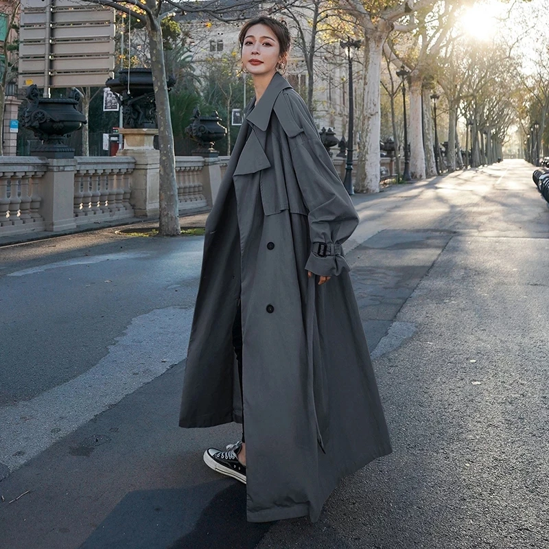 

Korean Women's Trench Coat Loose Long Jacket 2022 Double-Breasted Belted Lady Cloak Grey Windbreaker Spring Fall Outer