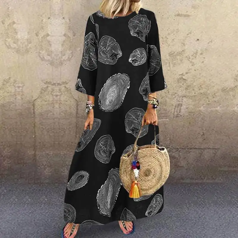 

Woman Summer Dress Vintage Cotton Linen Three Quarter Printed Long Dress Casual Loose Clothing Streetwear Party Maxi Dresses