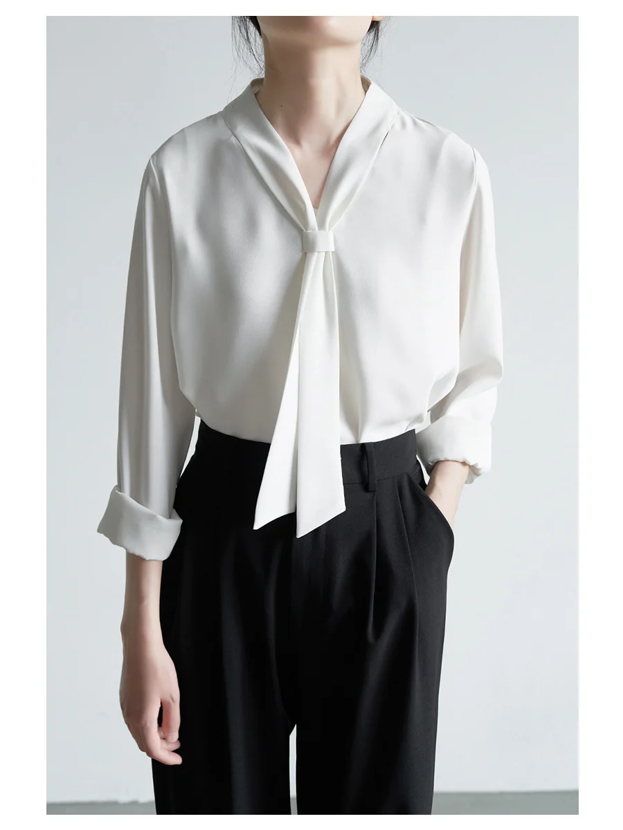 

Temperament Commuter V-neck White Chiffon women's Folding Drape Ribbon Shirt Professional Long Sleeved Top