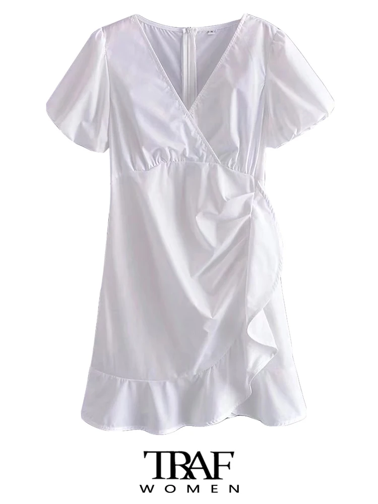 

TRAF Women Fashion With Ruffled White Mini Dress Vintage Short Puff Sleeves Back Zipper Female Dresses Vestidos Mujer