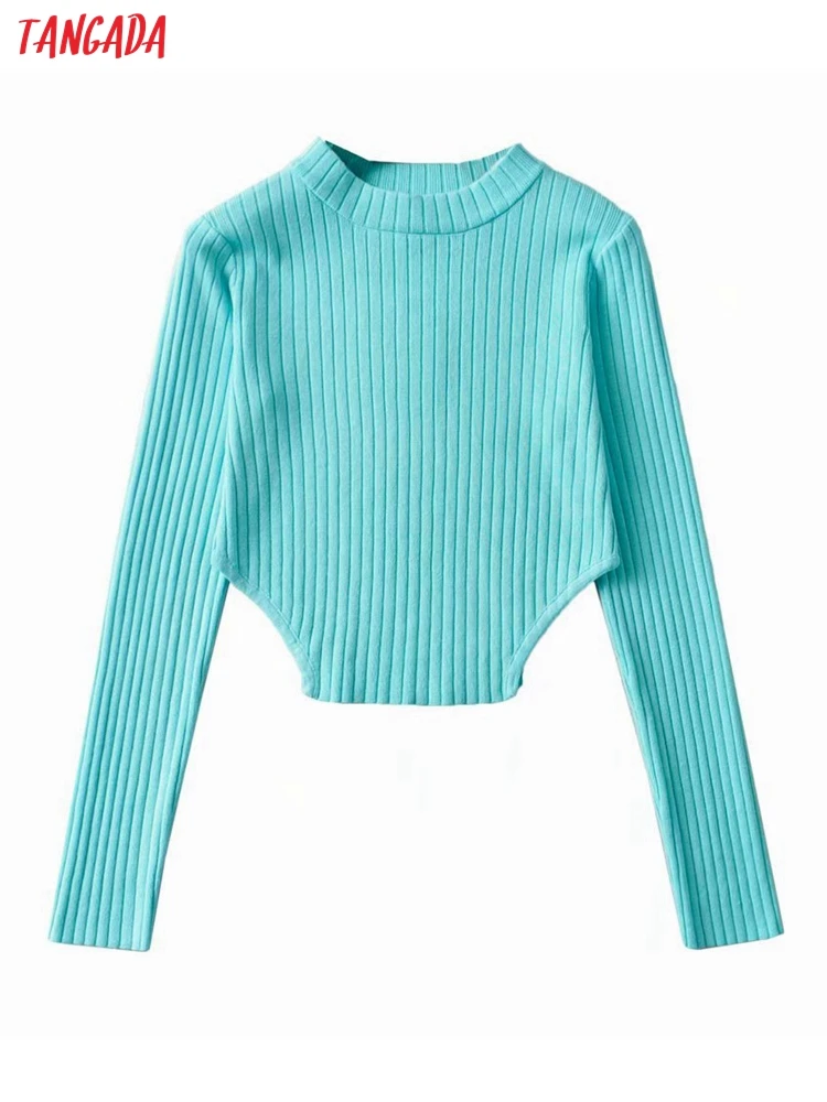 

Tangada Women 2022 Solid Crop Knitted Sweater Jumper Female Slim Pullovers Chic Tops 2T11