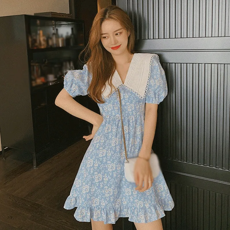 

Винтажное шикарное платье, женское модное элегантное платье с короткими рукавами-фонариками, милым воротником Питер Пэн, милым цветочным п...