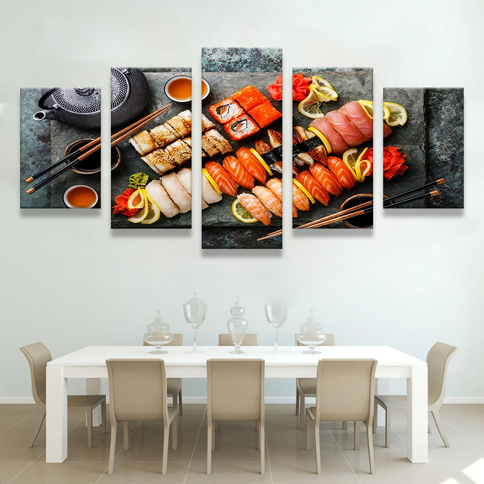 

5 Pieces Japanese Style Sushi Cooking Pictures Canvas Painting Wall Art Food Posters for Living Room Japanese Food Store Decor