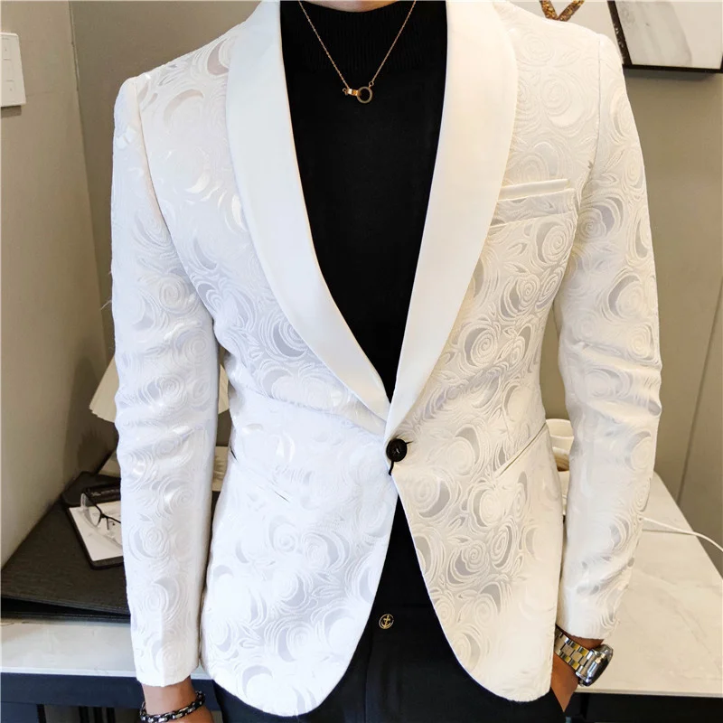 Rose Jacquard White Wedding For Men Korean Slim Night Club Stage Outfit Casual Flower Fashion Man Suit Blazer Masculino