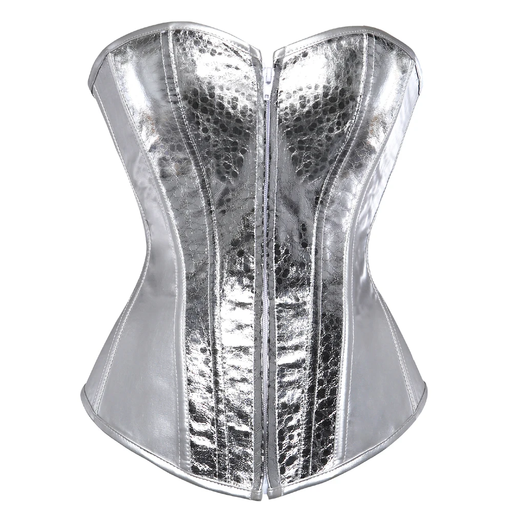 

Women's Leather Corset Sexy Zipper Lace Up Corset Vintage Silver Overbust Corset Strapless Sequin Burlesque Costume Plus Size