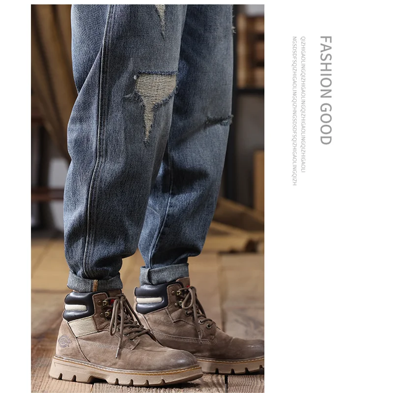 Men Clothing New Pattern Recreational Vintage Broken Patch Blue Jeans Straight Cylinder Loose Trousers Autumn and Winter Female