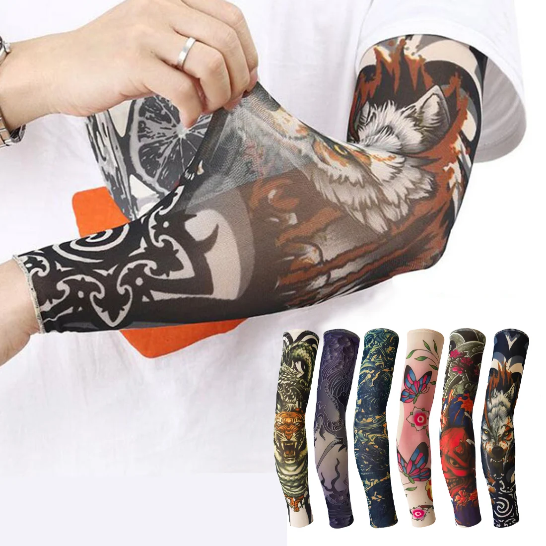 

6Pcs Street Tattoo Arm Sleeves Sun UV Protection Arm Cover Seamless Outdoor Riding Sunscreen Arm Sleeves Glover For Men Women