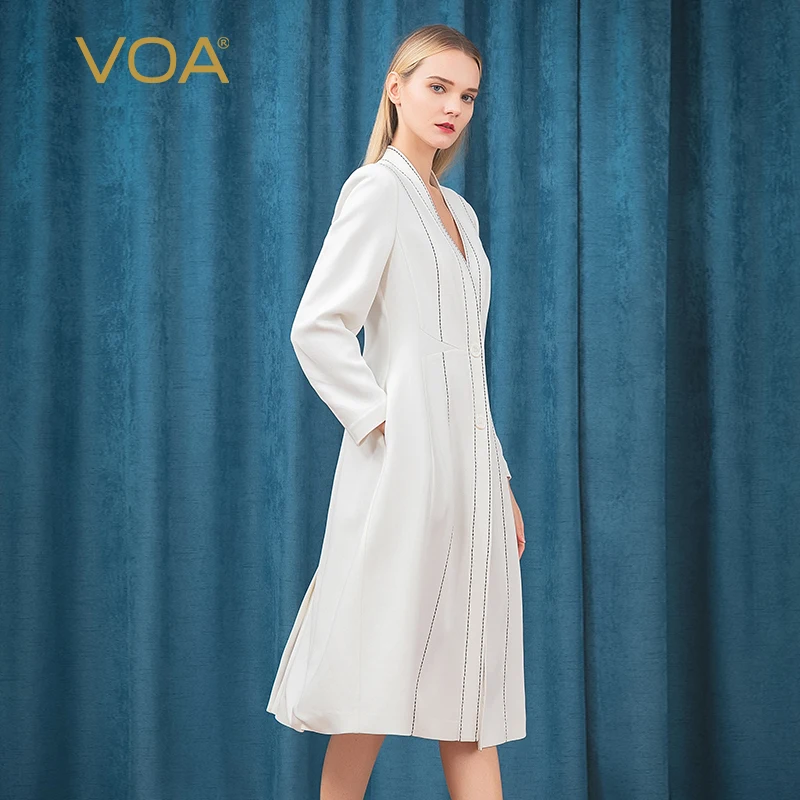 

VOA Silk 60M/m Heavyweight White Long Sleeve Windbreaker Bright Line Decoration Single Breasted Jacket Trench Coat Women F553