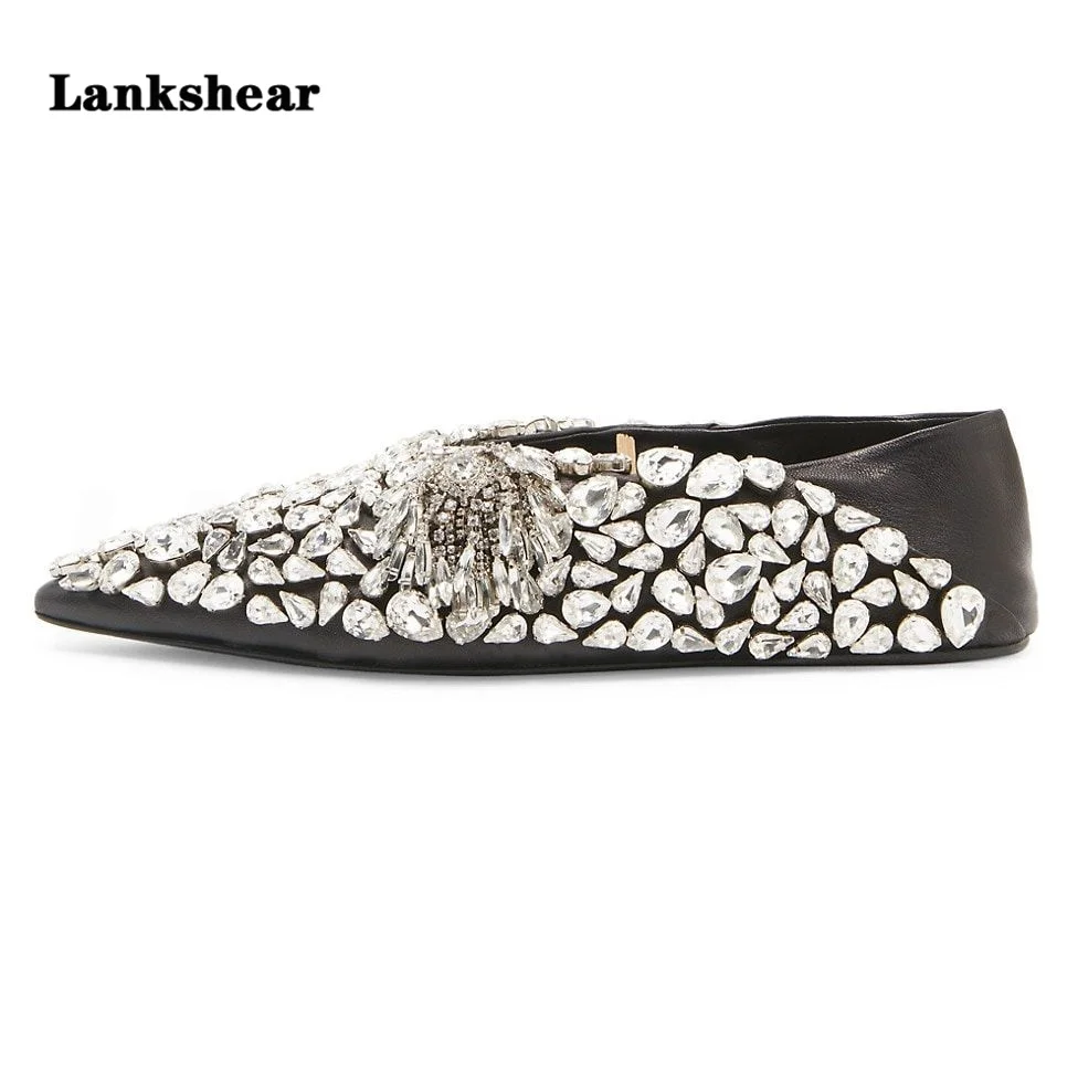 Crystal Diamond Pointed Toe Women Flats Luxury Designer Loafers Genuine Leather Rhinestone British Style Women Shoes