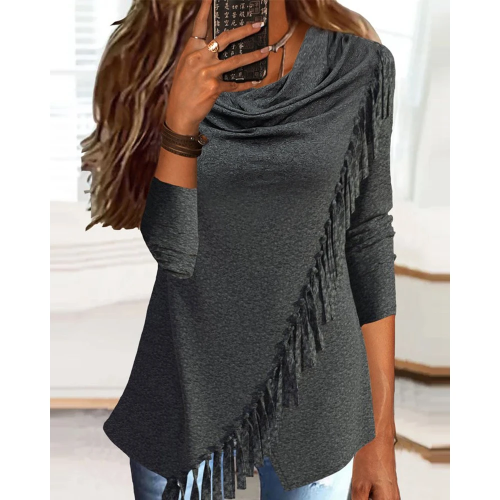 

Tassel Design Long Sleeve Cowl Neck Top Spring Women Casual Sweatshirt Fashion Tee 2023 Basic Loose T Shirts Autumn Spring
