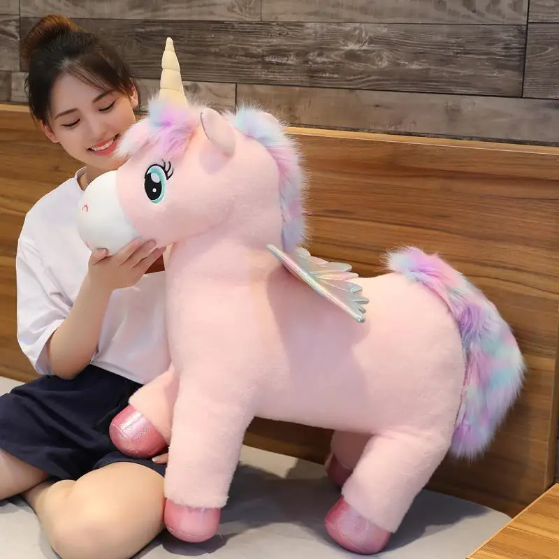 

25~80cm Unique Glowing Wings Unicorns Plush Toy Giant Unicorn Stuffed Animals Doll Fluffy Hair Fly Horse Toy for Child Xmas Gift