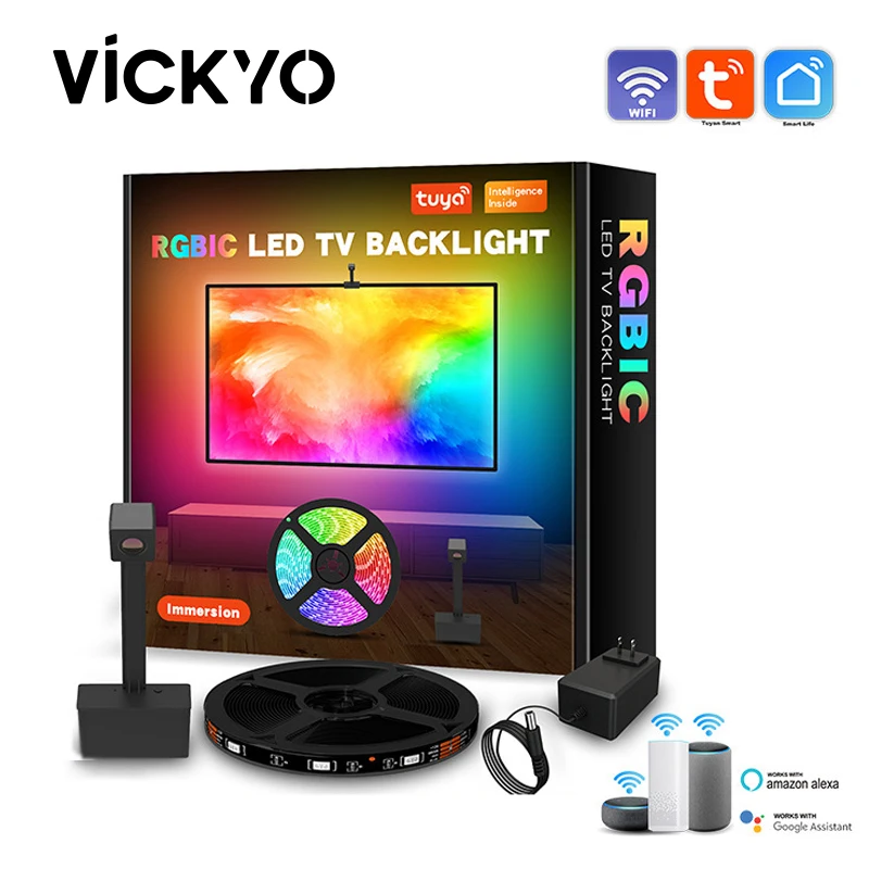 VICKYO RGBIC LED Light Strip WIFI Mini Camera For 55-65 InchTV Music Sync Tuya Smart Alexa APP Game Background Ambient Lighting