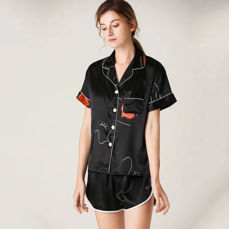 Women's Sleepwear 2 Pcs Sets Silk Printed Short Sleeve Shirt and Shorts Pajamas Set