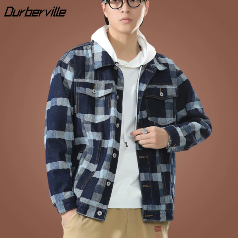 

Autumn and Winter Plaid Denim Jacket Japanese Style Men's Loose Coat Korean Windbreaker Outwear Hip Hop Streetwear Jean for Male