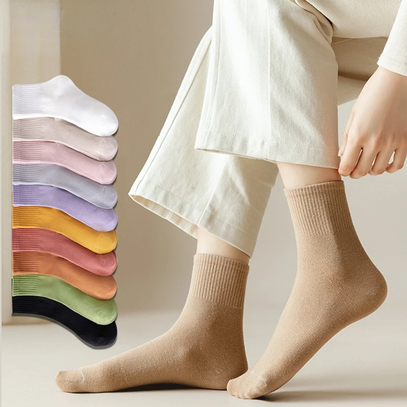 

5 Pairs Women Cotton Socks Soft Fashion Autumn Winter Travel Mid-calf Length Mixed Color Outdoor Sports Striped Elastic Warm