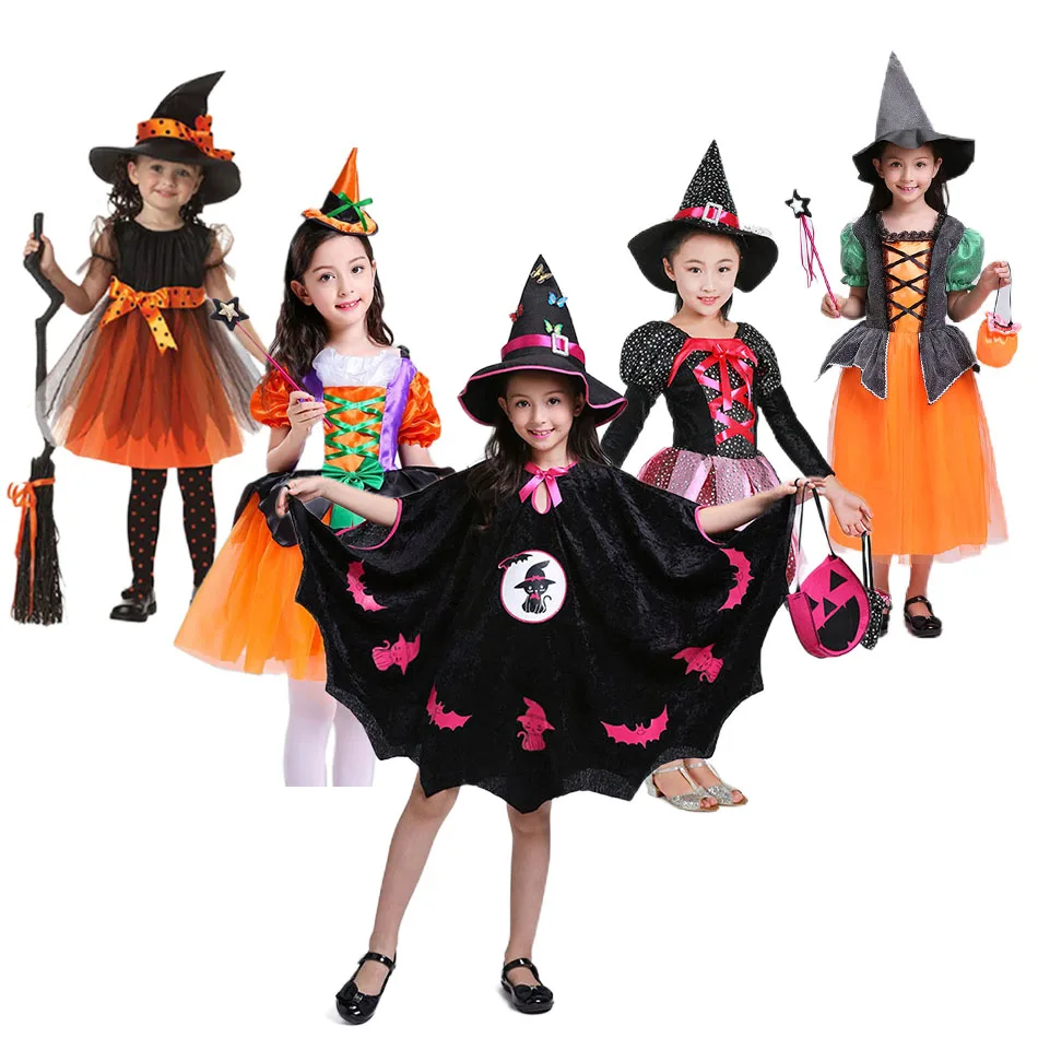 

Костюм ведьмы для девочек, Хэллоуин, карвинал, модная шляпа, с сумкой тыквы, От 2 до 15 лет