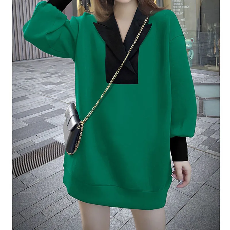 

Spring Autumn Loose Plus Size Women Slightly Fat Contrasting Colors Splicing Medium Long Sense of Luxury Korean Style Sweatshirt