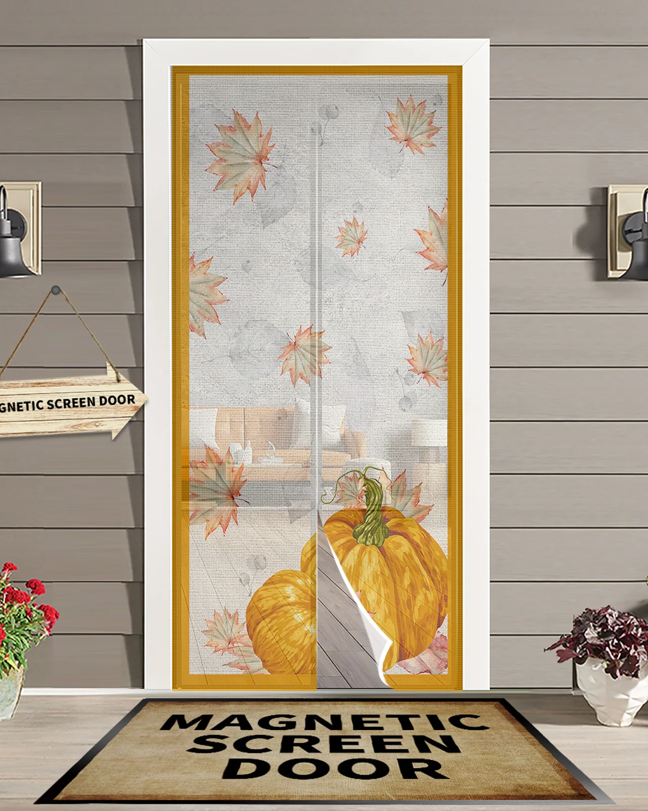 

Fall Maple Leaves Pumpkin Anti Mosquito Gauze Door Curtain Magnetic Door Screen for Bedroom House Summer Door Window Screens