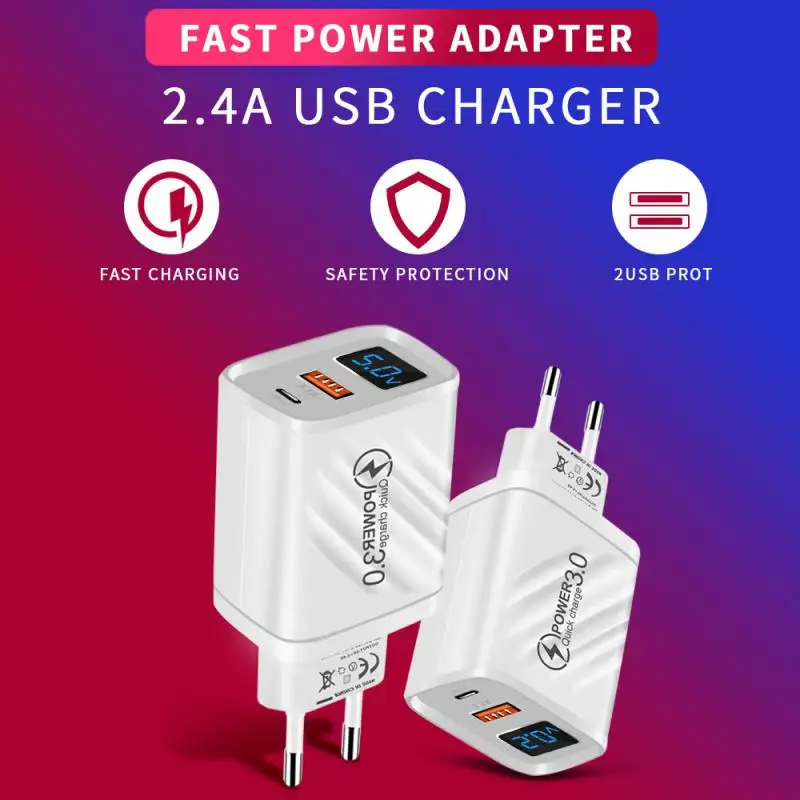 

USB/TYPE C 5V2.4A Digital Display PD Fast Charging Chargers EU US UK Standard Mobile Phone Charge Adapter For Samsung S20 Xiaomi