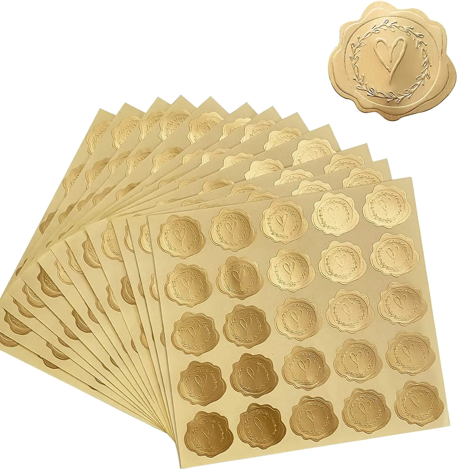 

300pcs Gold Embossed Wax Seal Looking Heart Envelope Seals for Wedding Invitations Greeting Cards
