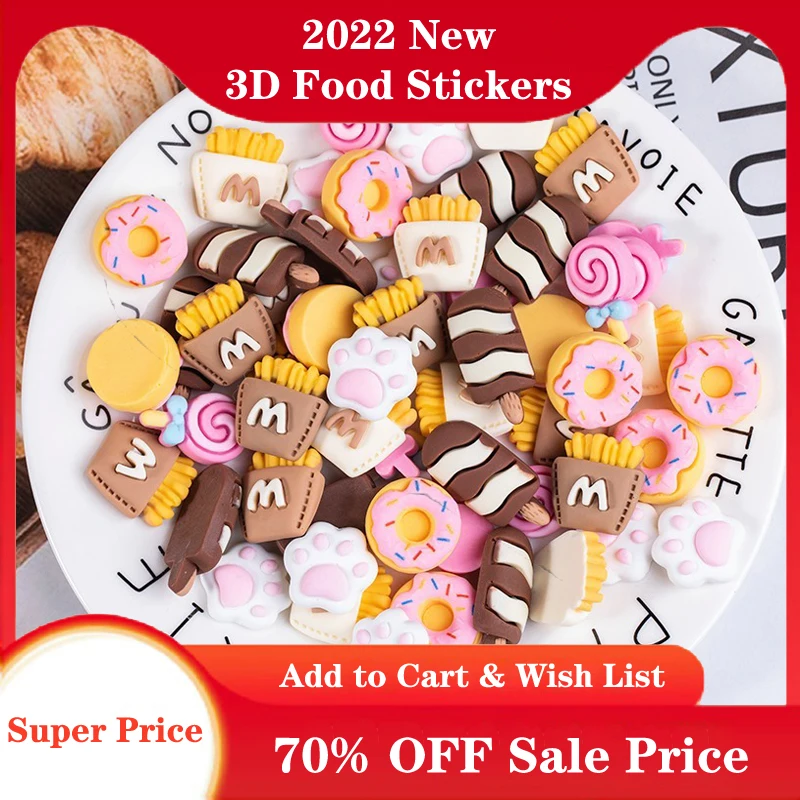 

Cartoon 3D Food Styling Sticker 2022 New Childlike DIY Donut Candy Cat Paw Fries Ice Cream Cute Three-dimensional Resin Stickers