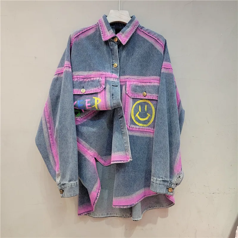 

URIOR 2023 Early Autumn New Loose Versatile Retro Shirt with Diamonds Studded Beads Denim Long Sleeve Shirt