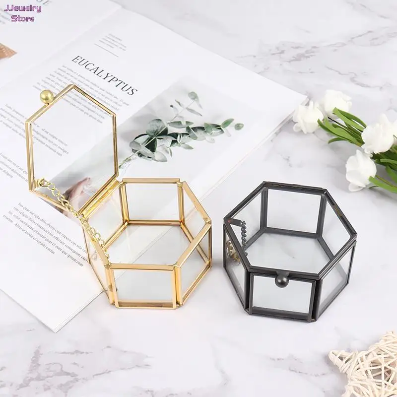 Transparent Jewelry Organizer Holder Tabletop Containe Hexagon Glass Ring Box Wedding Ring Box Geometric Clear Glass Jewelry Box