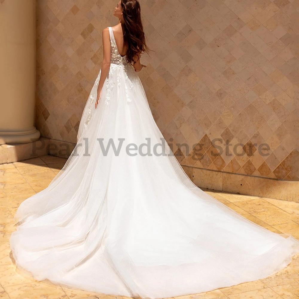 Фото Свадебное платье без рукавов с V-образным вырезом, ручной работы, украшенное жемчугом и бриллиантами, с открытой спиной, высококачественные романтичные свадебные платья №5