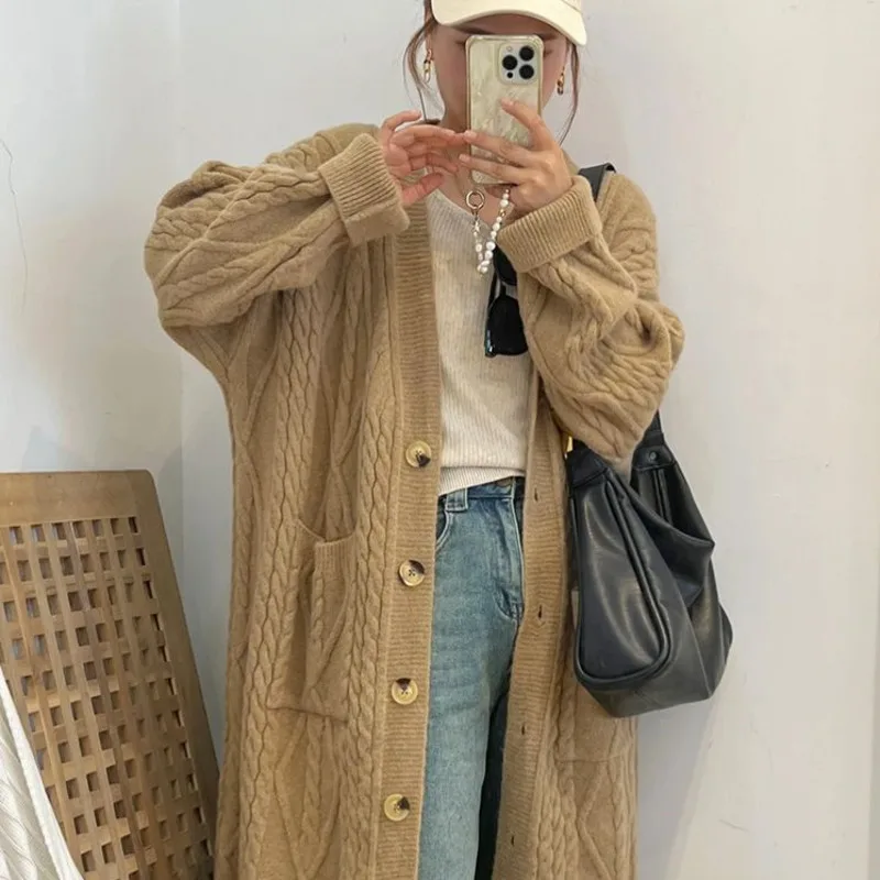 

Sweaters Women Fashion Cardigan Solid Color Solid Button High Street Loose Casual Soft Long Sleeve Lazy Knitted Cardigan Coat