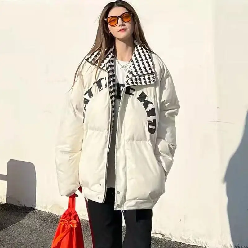 Loose Simple Fashion All-match Down Jacket Solid Color Letter Printing Plus Velvet Thick Thick Warm Down Jacket