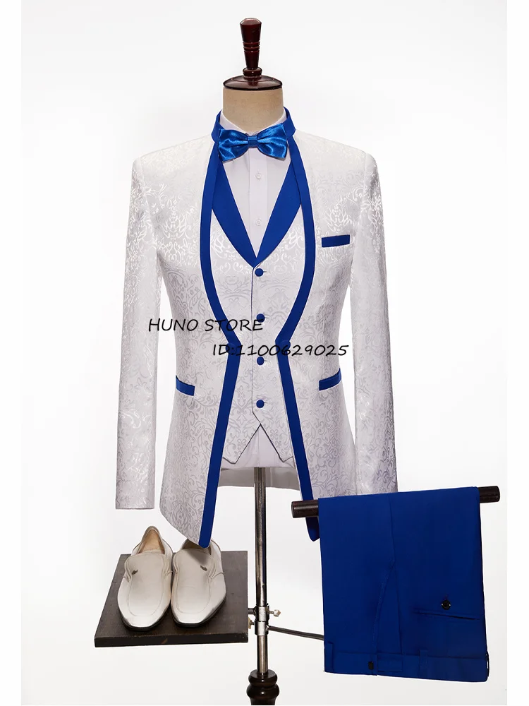 Elegant Men's Slim Fit Printed Splicing Collar Tuxedo Wedding Groomsmen Custom Male Blazer 3 Piece Set Jacket Vest Pants