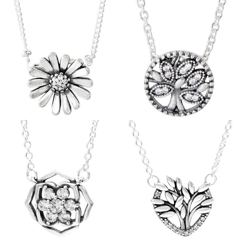 

Original 925 Sterling Silver Rose Petals Daisy Family Tree Of Life Heart Collier Necklace For Popular Bead Charm DIY Jewelry