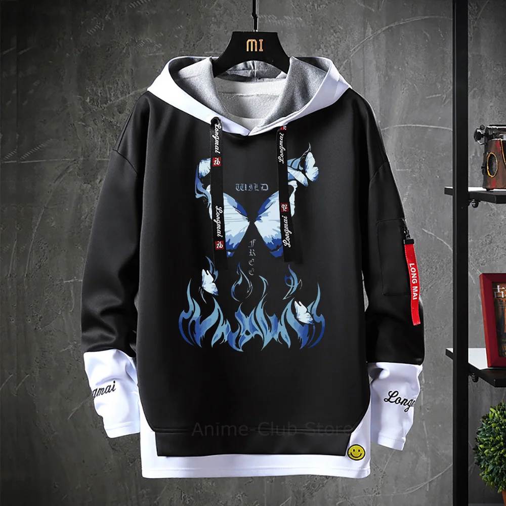 

Fake Two Piece Hoodie Ribbons Letter Print Hoodies Black White Patchwork Sweatshirts Unisex Streetwear Sweatshirt Gothic Y2k Top