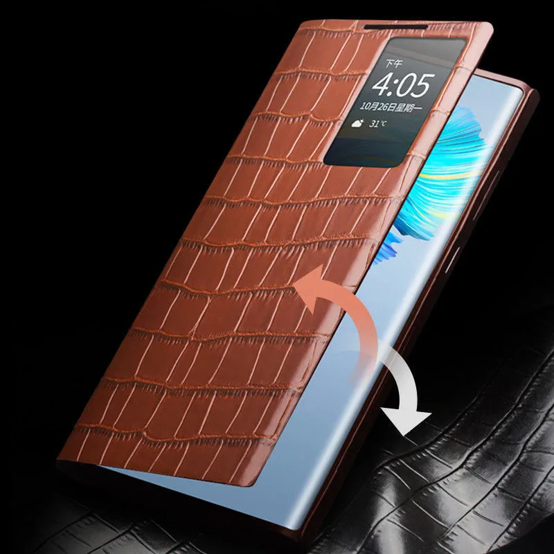Original Qialino Genuine Leather S View Flip Cover For Samsung Galaxy S22 Ultra PLUS Crocodile Texture Window Display Smart Case