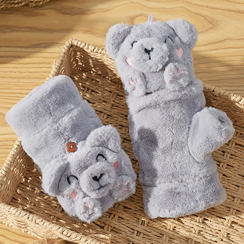 

Зима 2021 Симпатичные варежки из меха кошки медведя кролика откидные перчатки без пальцев Плюшевые утолщенные теплые варежки женские перчатки с животными для сенсорного экрана