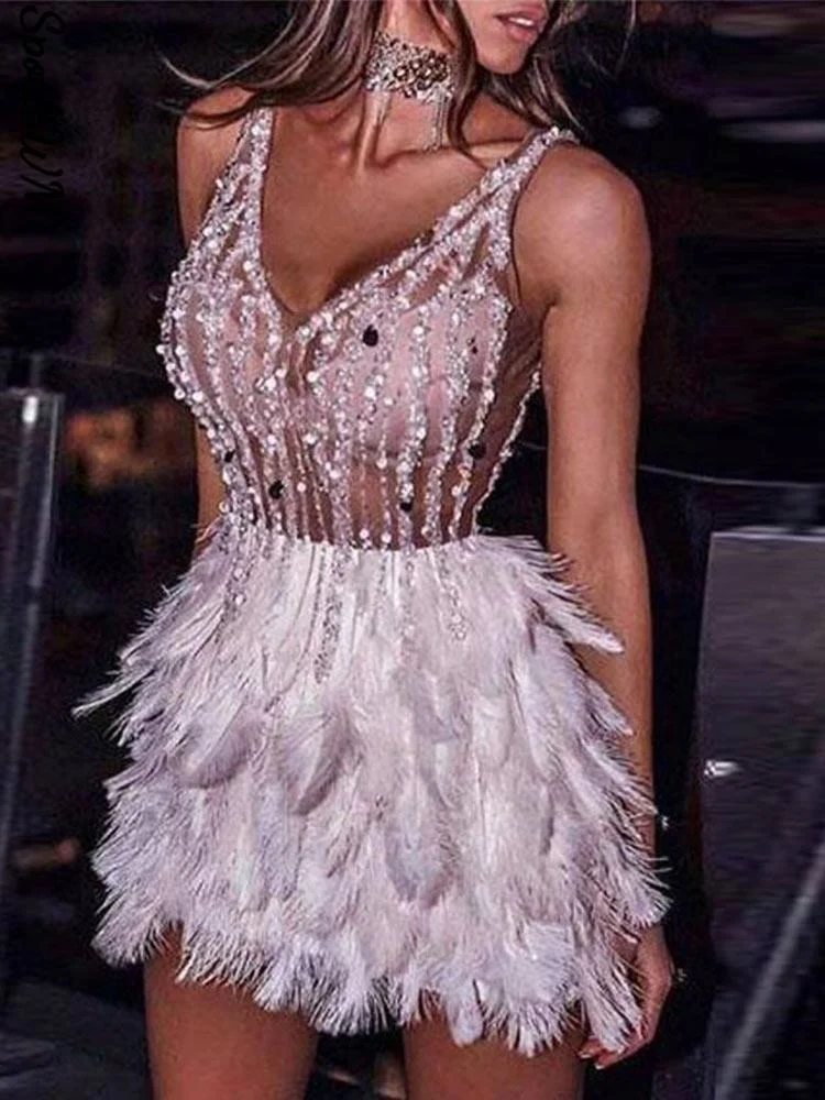 

Female Sequin Off Shoulder Sleeveless Short Dresses Women Sexy V-neck Feathers Slim Mini Dress Lady Party Club Evening Dress