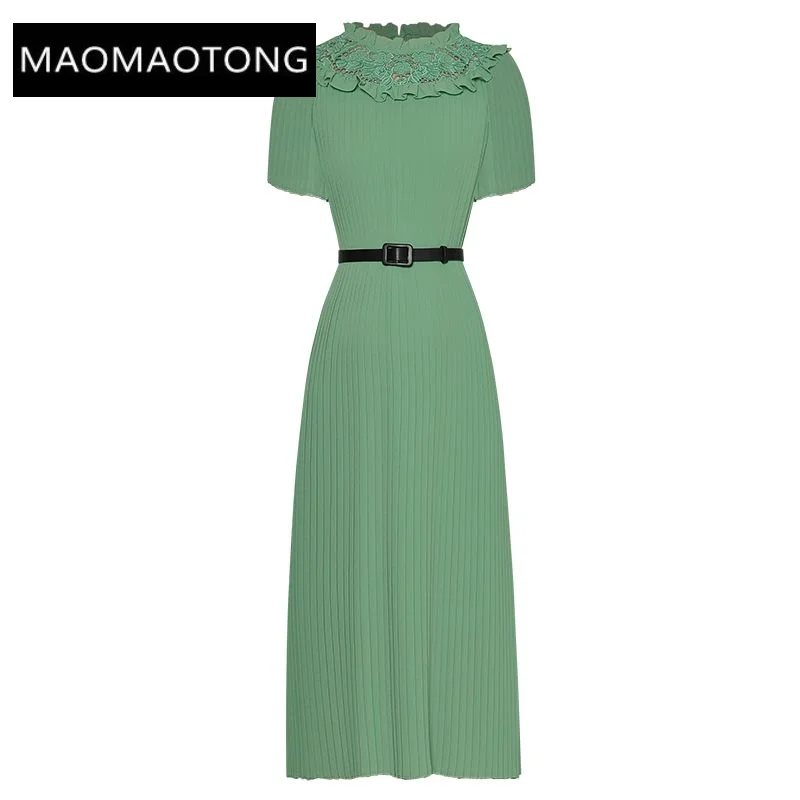 

Женское плиссированное платье миди, дизайнерское винтажное зеленое ажурное платье с круглым вырезом и вышивкой, платье с поясом и присборенной талией на лето