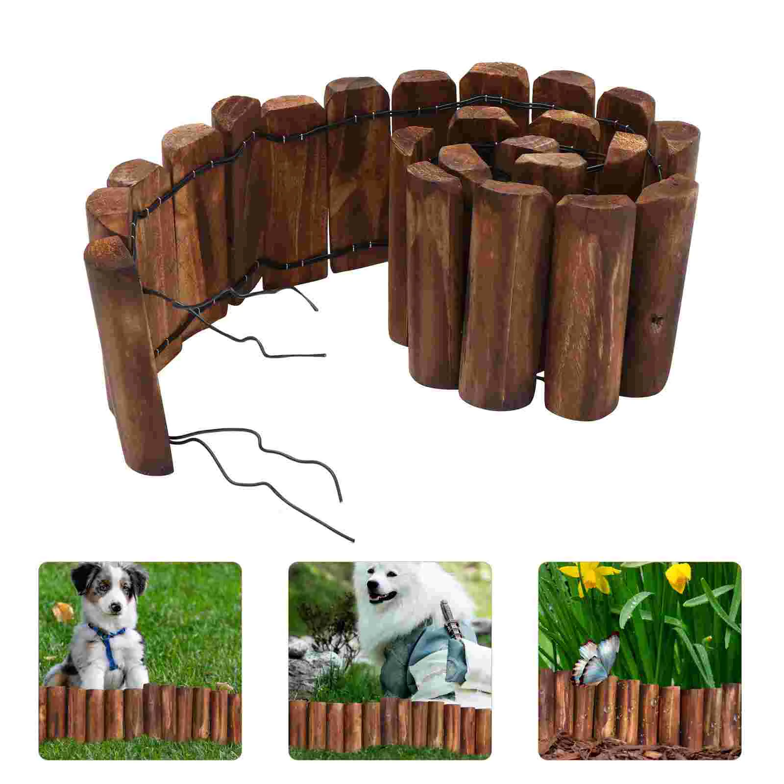 

Wood Picket Garden Fence Lawn Spiked Log Roll Border Easy Plug- in Fence Palisade Resistant Wooden Edging for Flower Beds Lawns