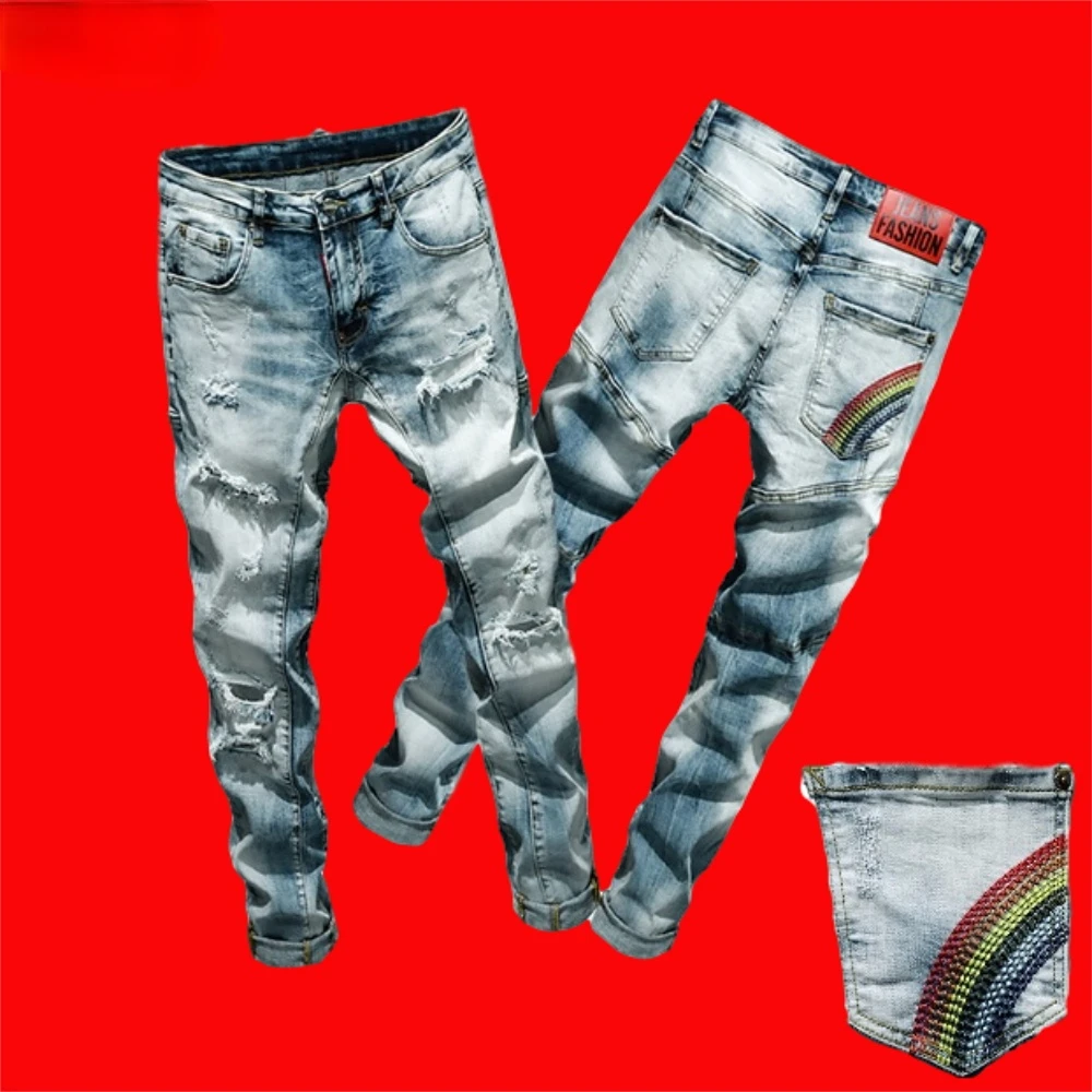 Ripped Scratch Jeans Men's Embroidered Rainbow Pocket Soft Casual Loose Cotton Elastic Pants Red Leather Label New 2022