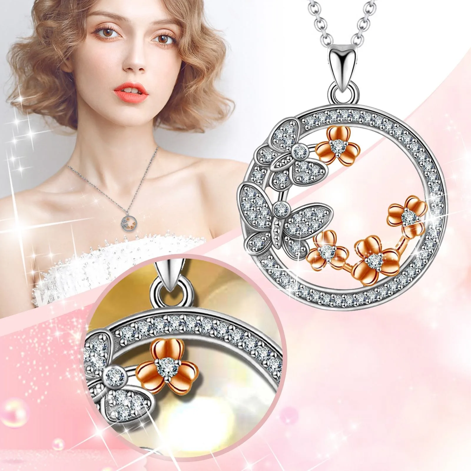 

Fashion Creative Flower Butterfly Round Diamond Color Separation Pendant Necklace Female Collarbone Chain Womens Necklace