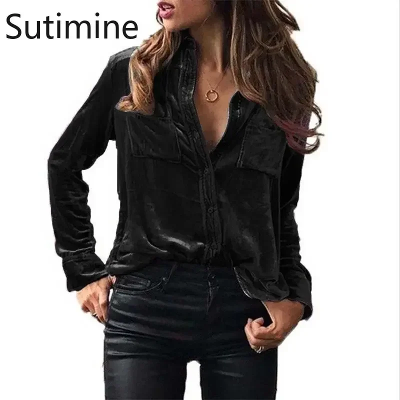 

Sutimine New Autumn Pocket Shirt Women Long Sleeve Plain Satin Single Breasted Elegant OL Women's Shirt Pocket Cardigan Blouse