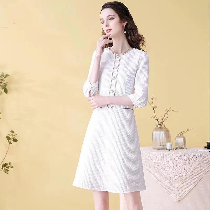 

COIGARSAM Women's Dress Spring 2022 New Fashion Three Quarter Sleeve Rice White Dresses Dropshipping