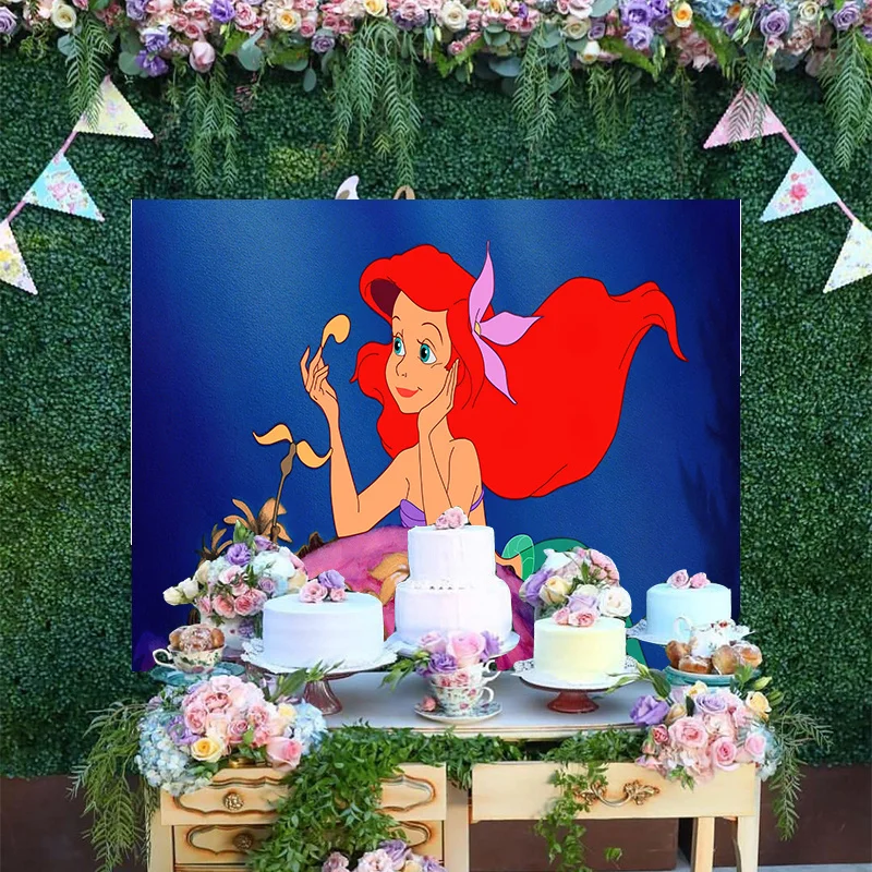 

Cartoon Disney Decoration Baby Girls Princess Little Mermaid Ariel Dark Blue Backdrop Happy Birthday Party Backgrounds Banner