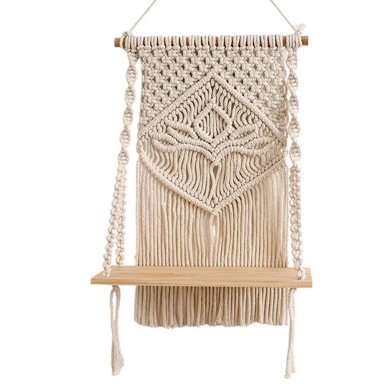 

Macrame Hung Shelves Wood Floating Plant Shelf Wall Boho Rustic Decor White Boho Shelves Organizer Handmade Woven Rope Bohemian