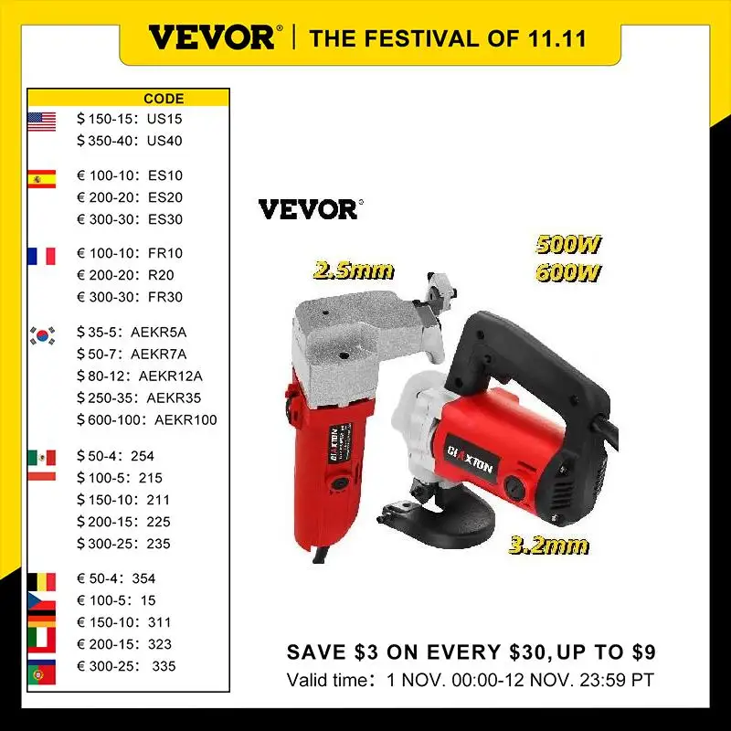 

VEVOR Electric Sheet Metal Shear 500W 600W Handed Snip Scissor 2.5mm 3.2mm Cutter Capacity for Cutting Steel Iron Aluminum Board